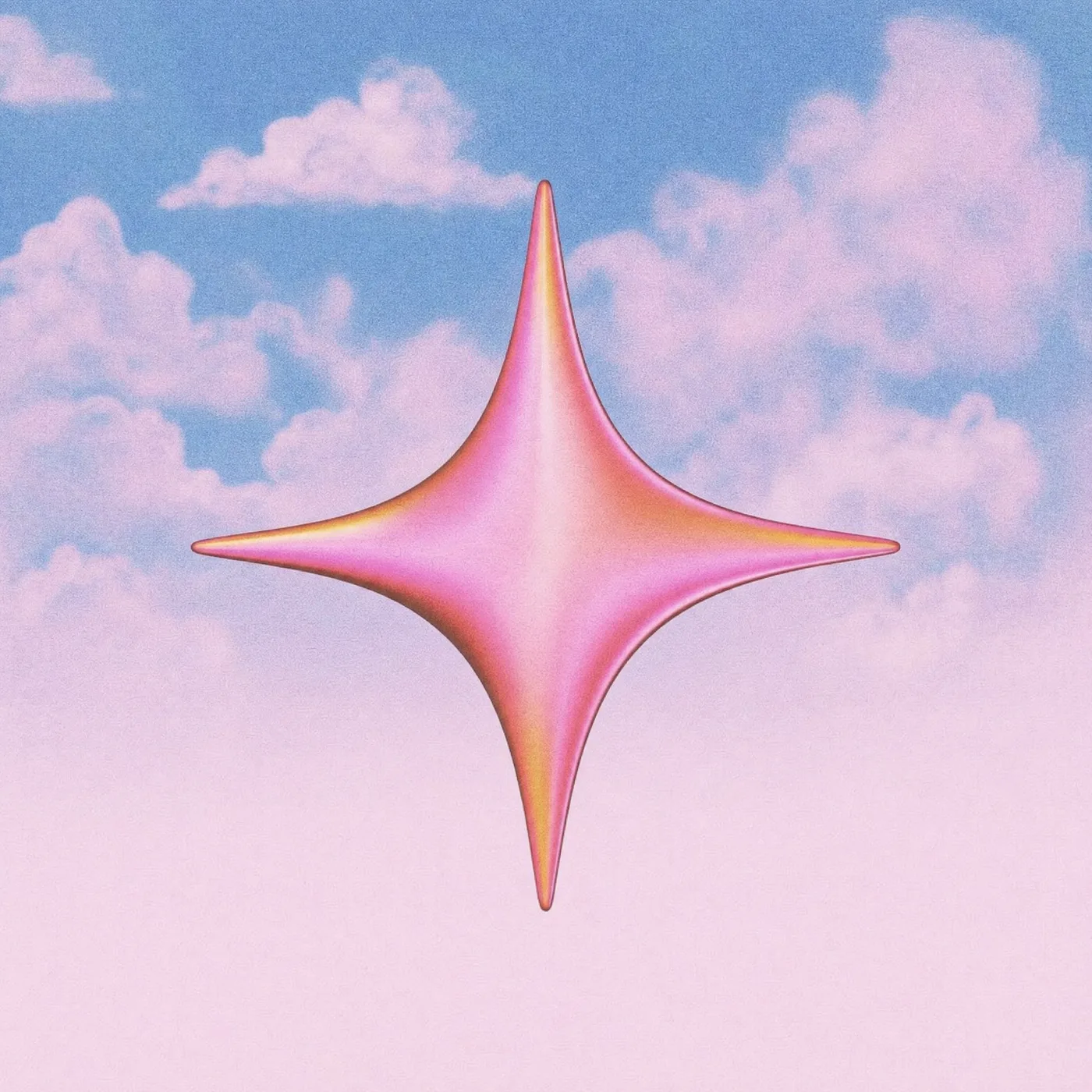 Ein rosa schimmernder Vierzack-Stern vor einem Wolkenhimmel